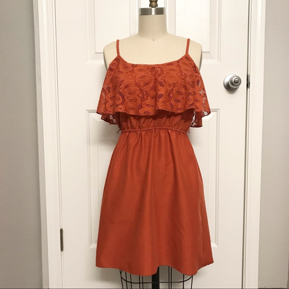 Trixxi Rustic Orange Romantic Floral Overlay Woven Dress With Adjustable Straps